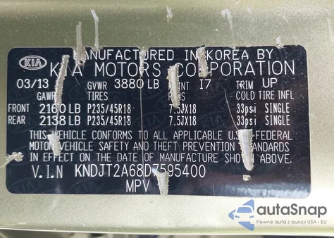 2013 Kia Soul ! z USA, uszkodzony, nr VIN KNDJT2A68D7595400